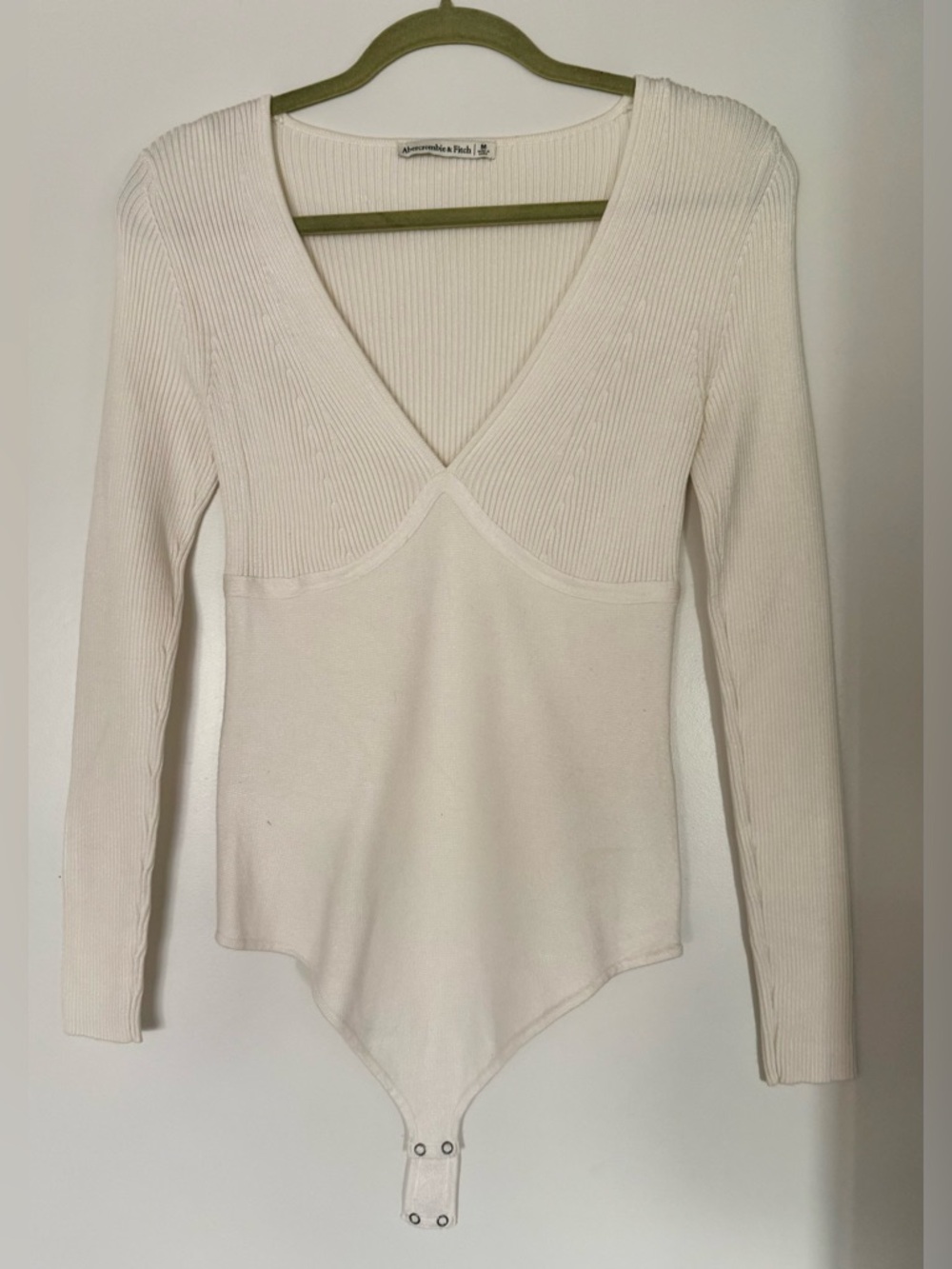 Abercrombie & Fitch Ivory Ribbed V-Neck Long Sleeve Bodysuit